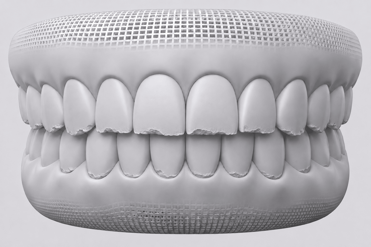 3D dental model showing chipped, worn front tooth edges