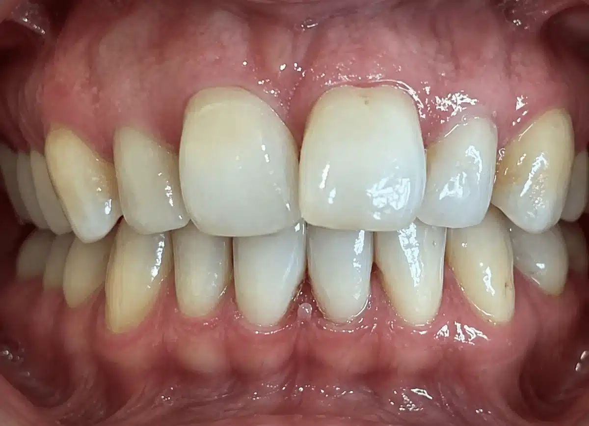 Before Invisalign at Rugby Smiles: crowded upper front teeth, teeth apart